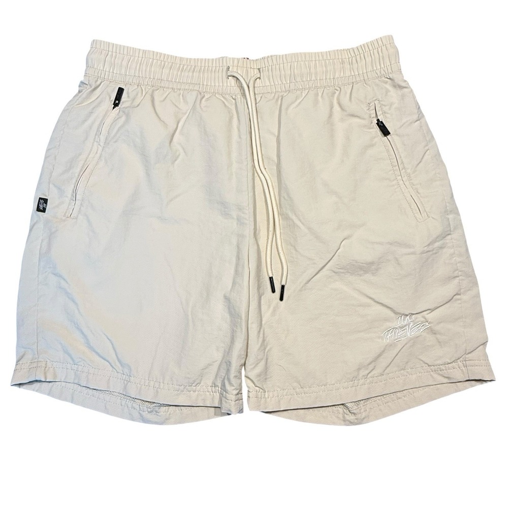 100 Thieves Shorts Mens Medium Beige Mesh-lined Zip Pocket Drawstring Train Swim
